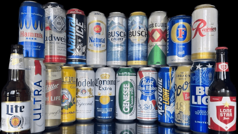 Various brands of beer stacked on top of each other