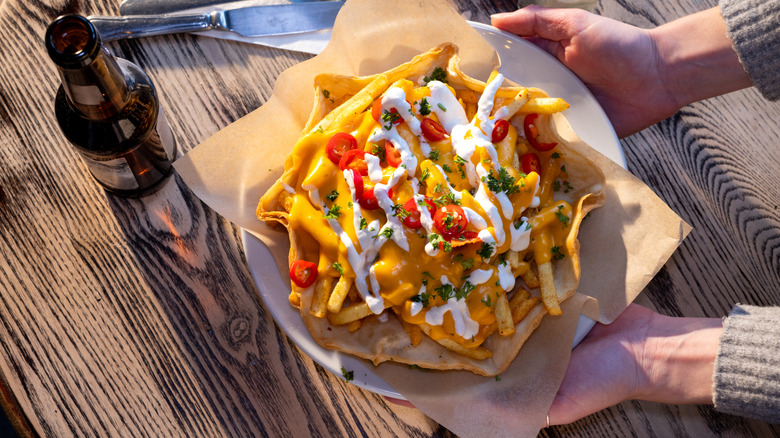 Person's hands holding a plate of loaded fries