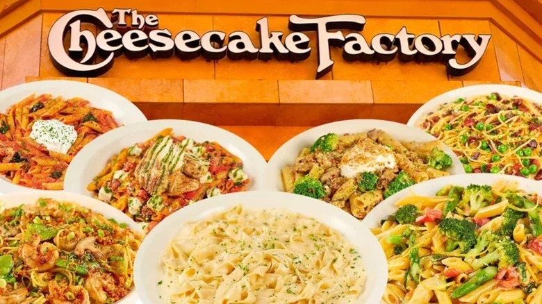 Cheesecake Factory logo with several plates of pasta underneath