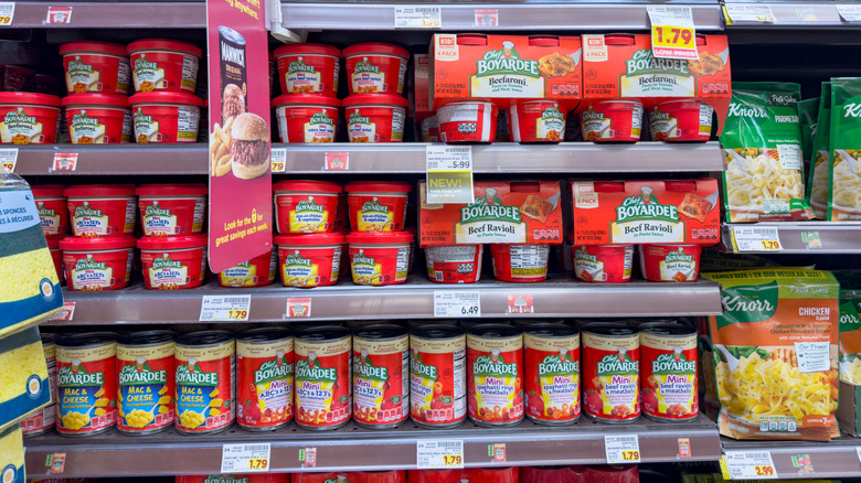 Chef Boyardee products lined on a grocery store shelf