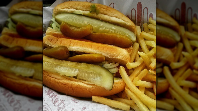 A pair of Budacki's hot dogs served with French fries