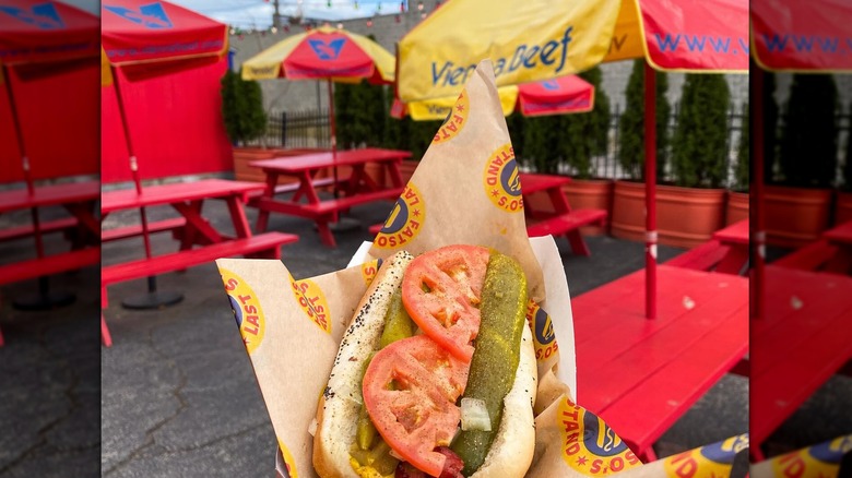 A close up of a person holding a Chicago-style hot dog on an outdoor patio