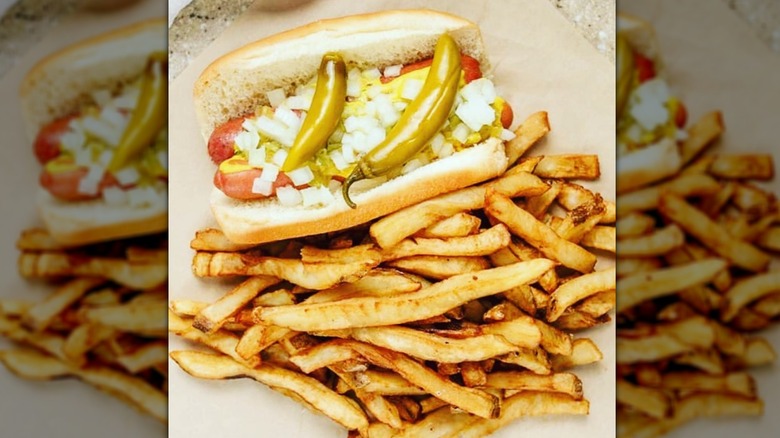 A Chicago style hot dog from Jimmy's Red Hots sitting near a pile of French fries