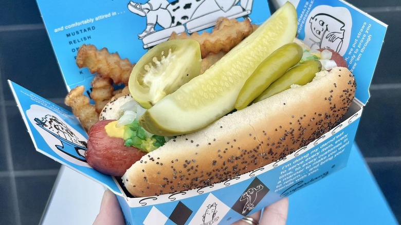 Close up of person holding a Super dawg hot dog in a blue box container