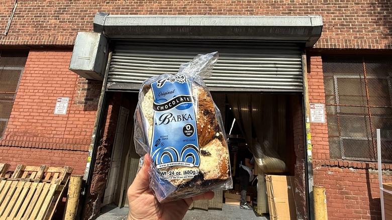 a box of Green's Bakery babka outside the store