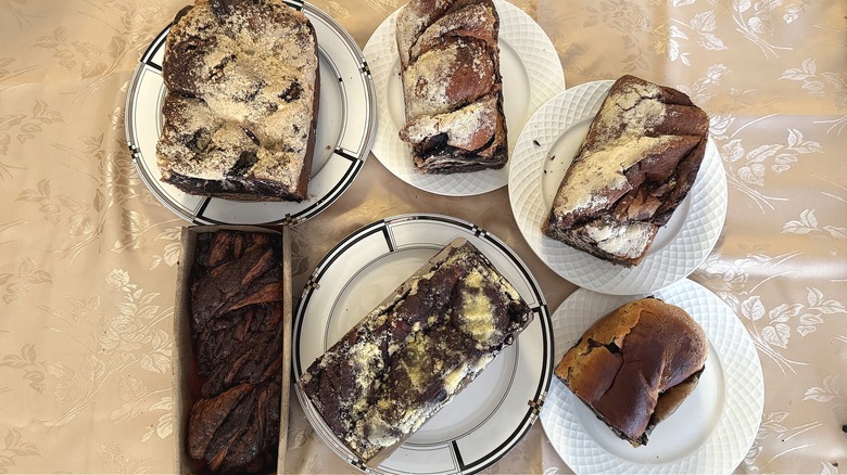 various chocolate babkas on a table