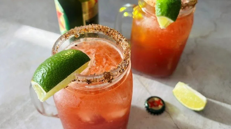 Clamato Michelada with fresh lime garnish