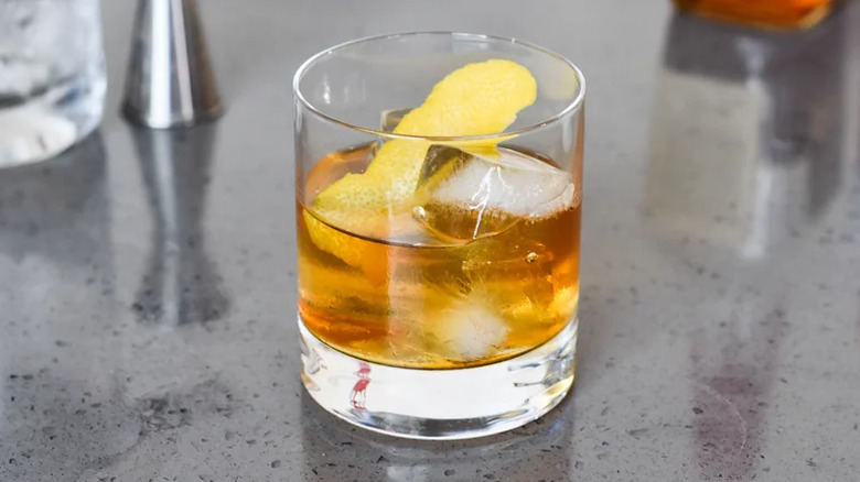 Close up of sweet lavender old fashioned