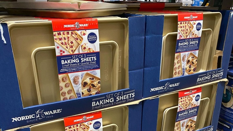 Costco Nordic Ware baking sheets on sale in a Costco store