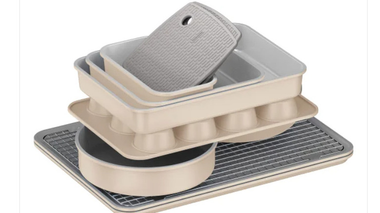A Tramontina ceramic bakeware set stacked on a white background