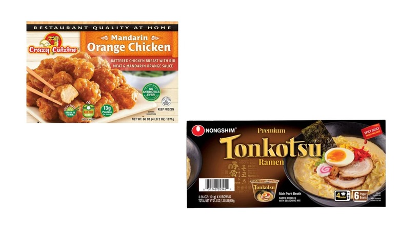 Orange chicken and ramen on a white background