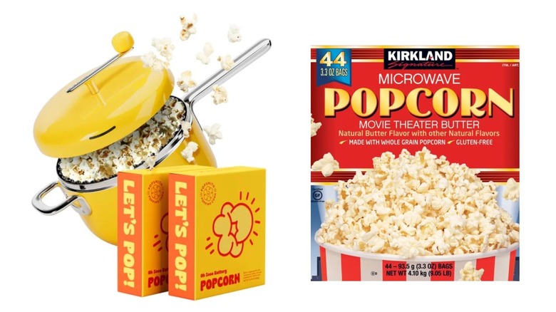 Yellow popcorn maker and box of Kirkland popcorn