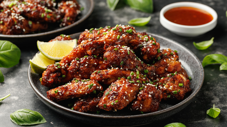 a plate of chicken wings