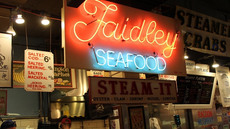 Neon sign inside Faidley Seafood in Baltimore, Maryland