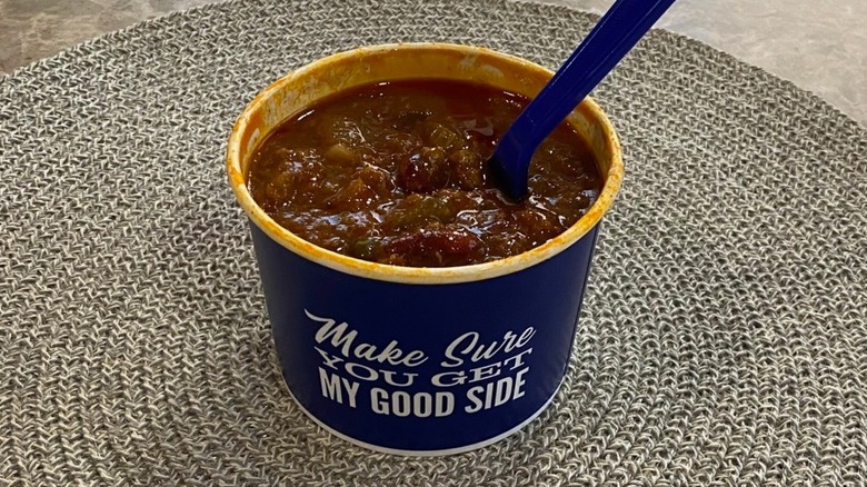 Culver's chili with spoon on a table
