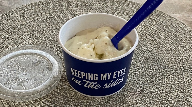 Culver's mashed potatoes with fork on a table