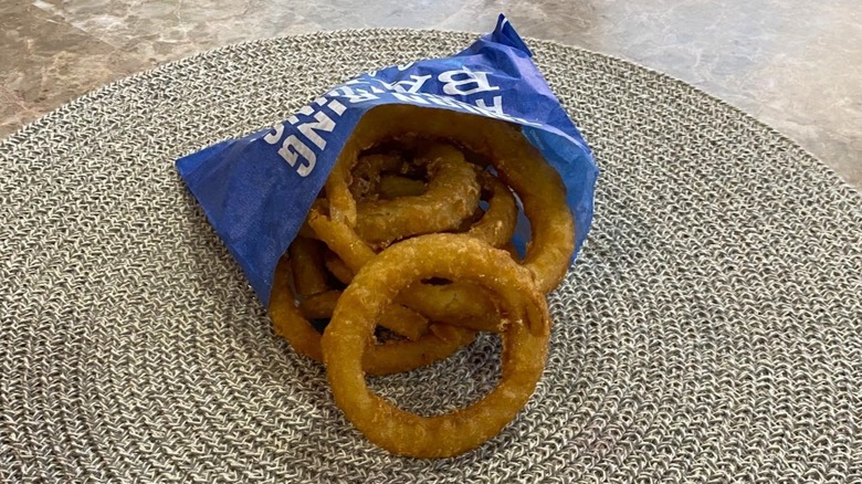A pack of Culver's onion rings on a table