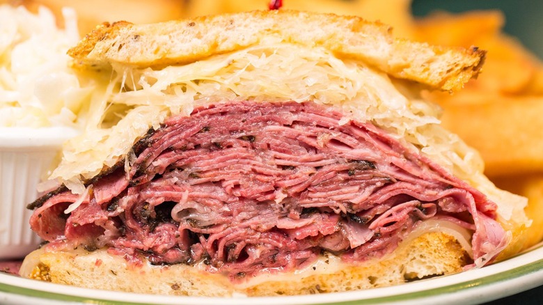 A close up shot of pastrami sandwich from Brent's Deli in Northridge