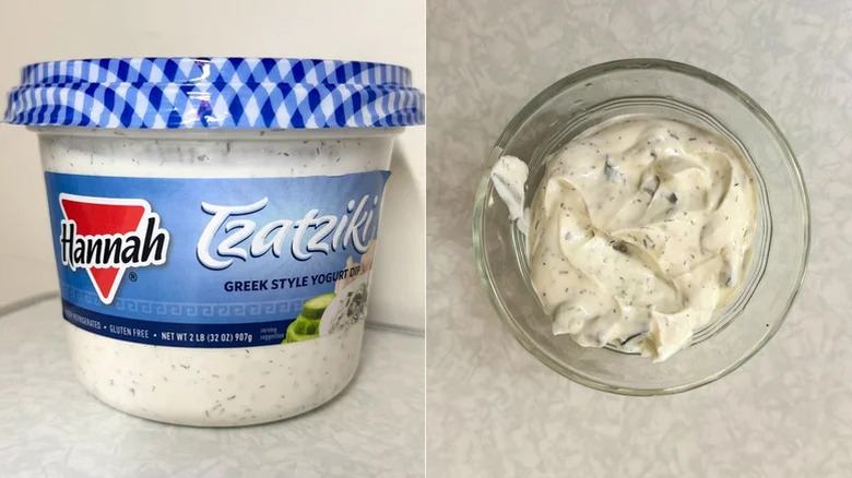 The Hannah Tzatziki Greek Style Yogurt Dip in packing alongside a small serving in a glass bowl