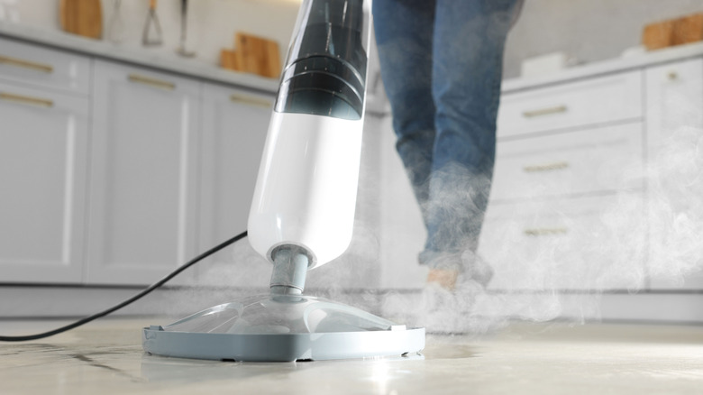 A woman cleaning with a steam mop.