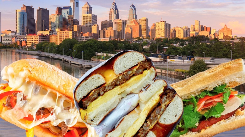 sandwiches on top of an East Coast city skyline