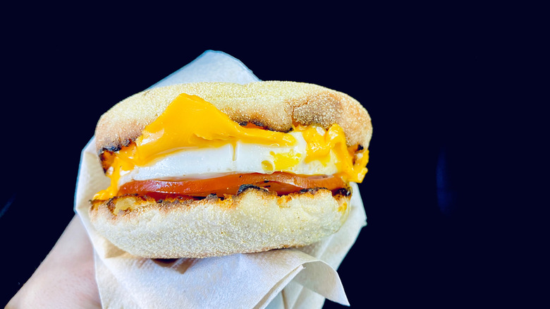A hand holds an Egg McMuffin from McDonald's