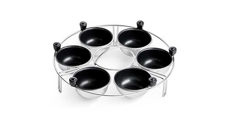 six cup egg poacher tray with white background