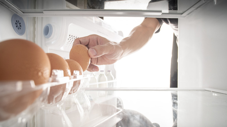 Eggs in the refrigerator tray.