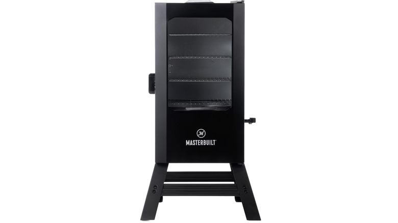 verticle electric smoker against white background