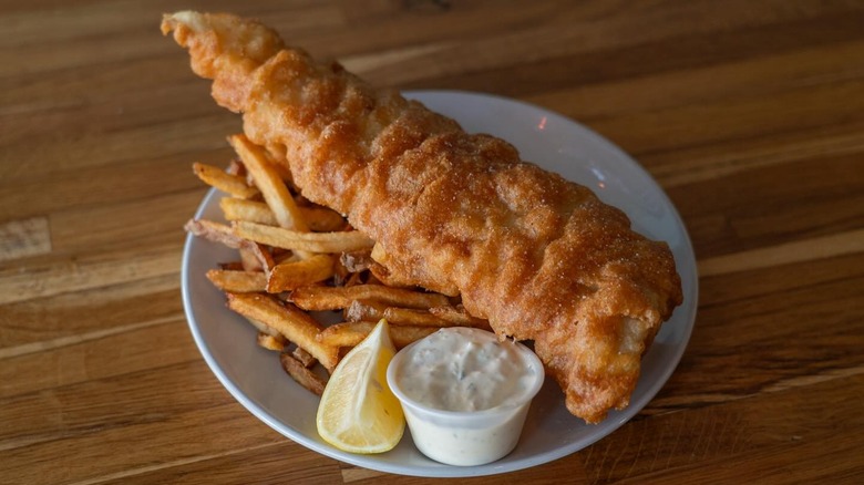 A plate of fish and chips at Fish and Whistle