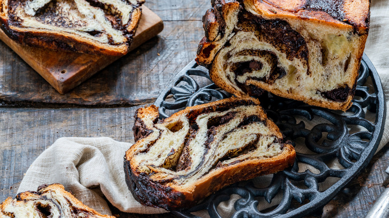 Slices of babka are beautifully swirled with chocolate.