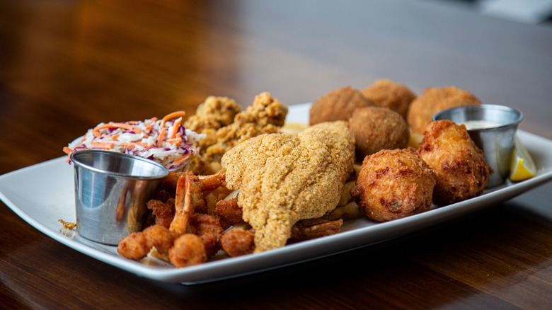 A fried seafood platter at a restaurant