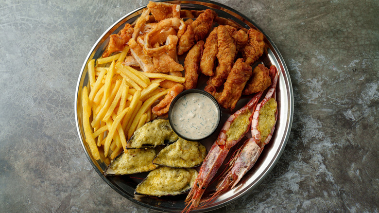 A fried seafood platter on a table
