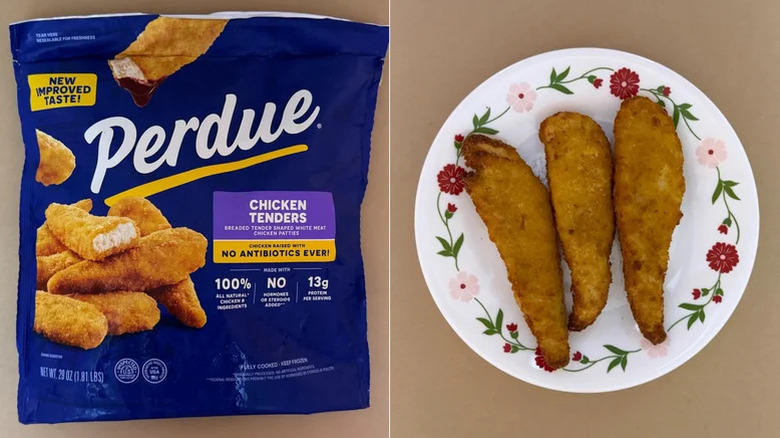 A bag of Perdue frozen chicken tenders sits next to three tenders on a white plate
