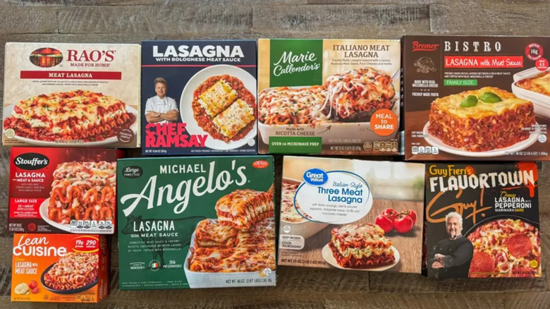 Overhead view of packaged frozen lasagna dinners from various brands