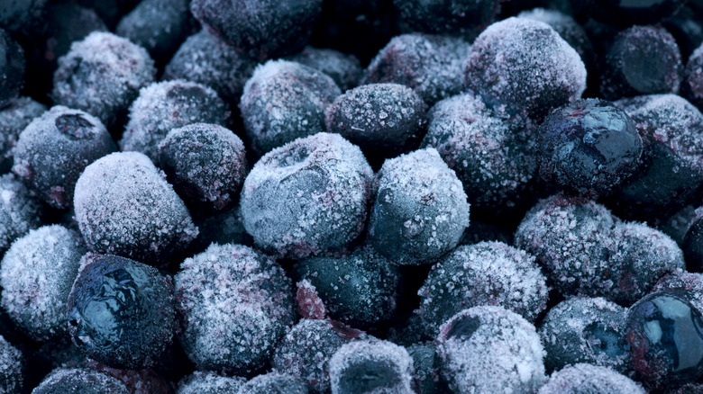 Close up of frozen blueberries