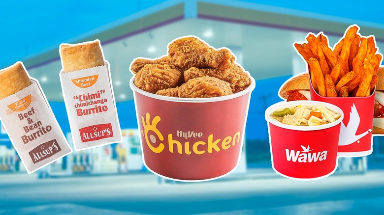 line of fast food items in front of gas station background