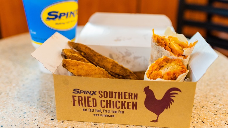 Box of Spinx Southern Fried Chicken with drink