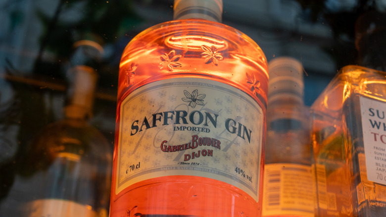 Close-up of the label on a bottle of Gabriel Boudier Saffron Gin