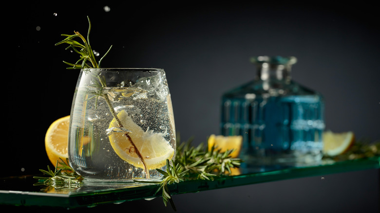 Gin and tonic cocktail with fresh lemon and rosemary