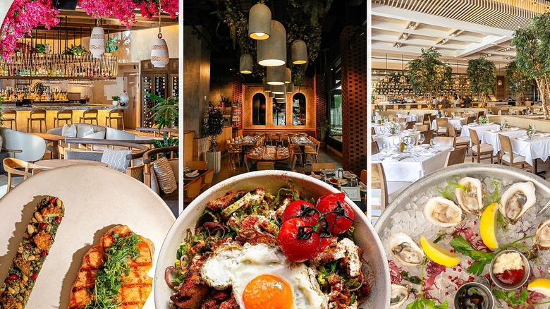 Greek dishes in front of images of Greek restaurants in the U.S.