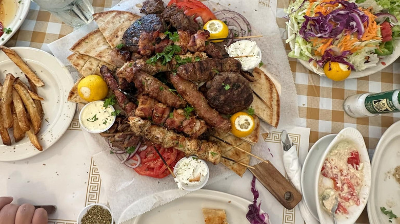 A platter of grilled meats at Niko's Grill House