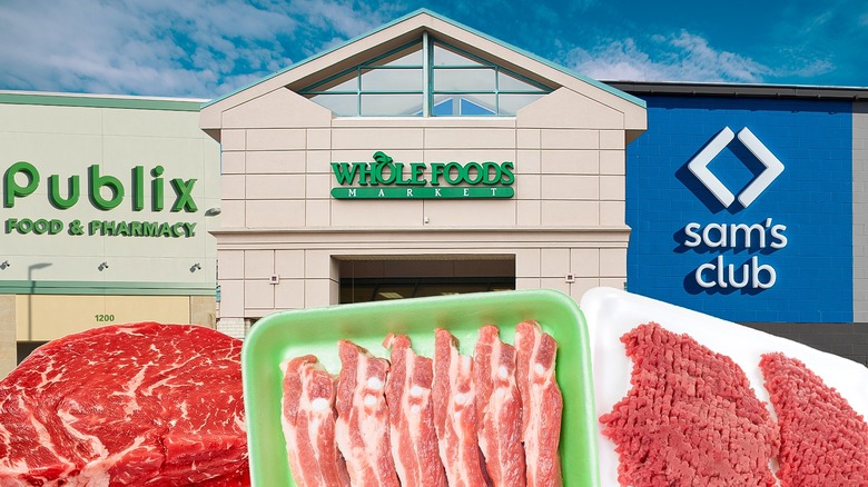 Publix, Whole Foods, and Sam's Club exteriors with various raw meat cuts