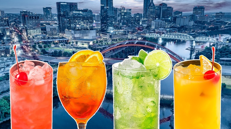 Cocktails and the night skyline in Nashville