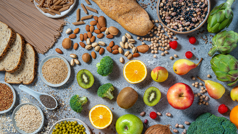 a variety of high-fiber snacks, including nuts, whole-grain bread and pasta, fruit, and vegetables