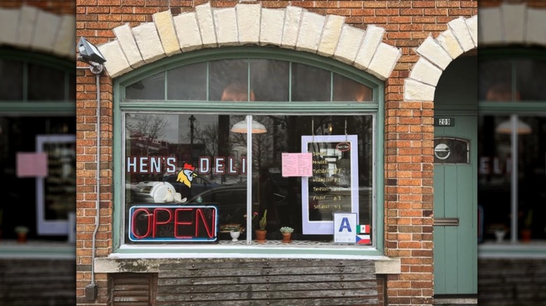 Front entrance and window of Hen's Deli