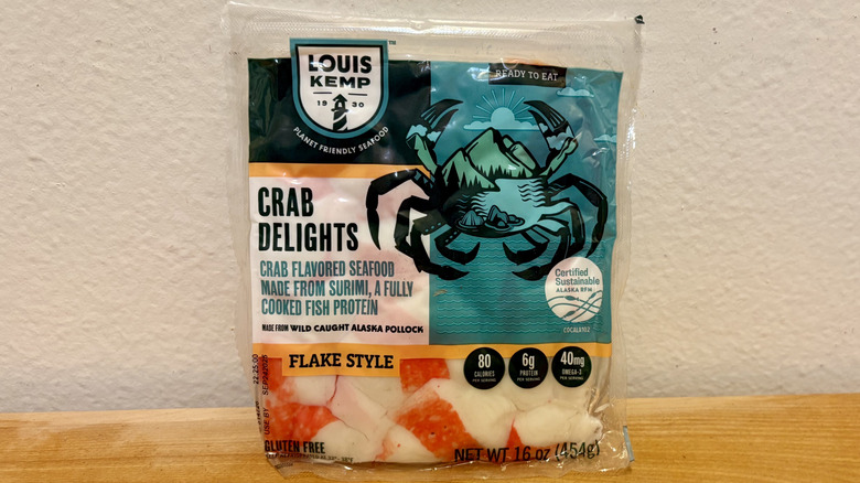 A package of Louis Kemp Crab Delights Imitation Crab against a white wall