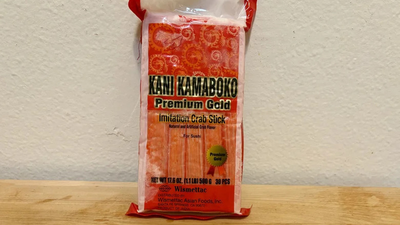 A package of Kani Kamaboko Premium Gold branded imitation crab meat.