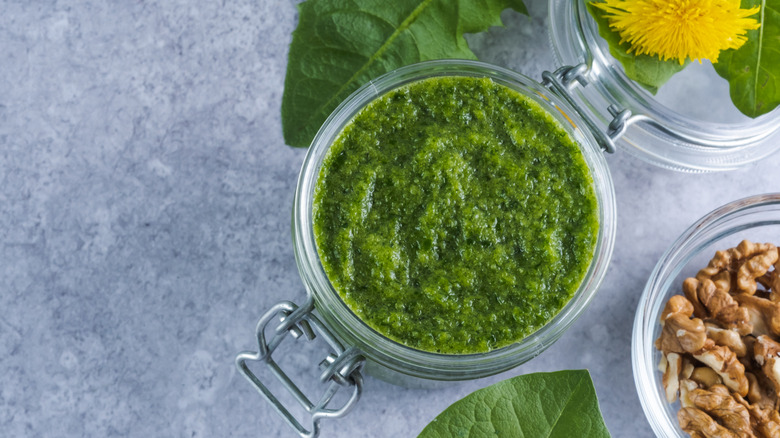 Glass jar of pesto
