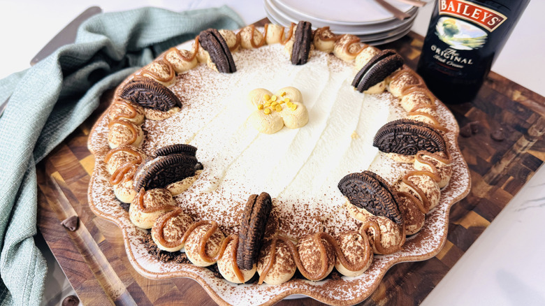 Irish cream pie on wooden board